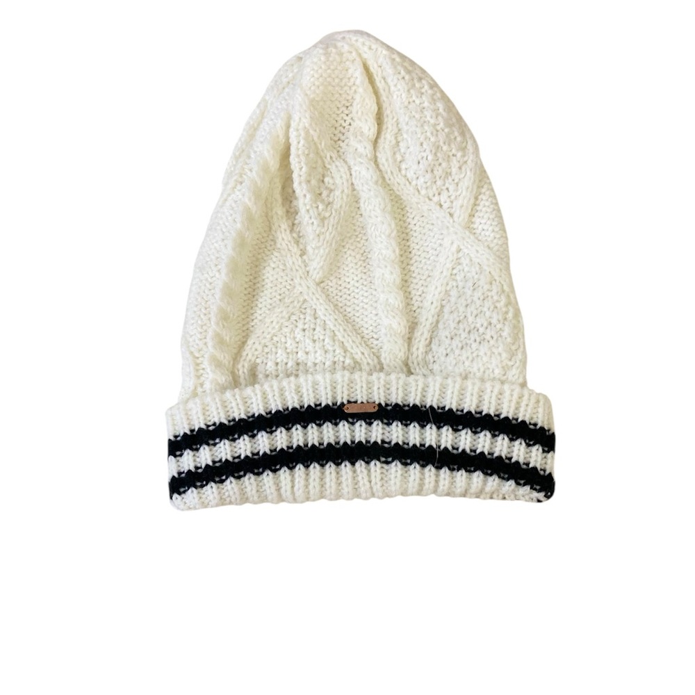 Free People Woman’s Cream Cable Knit Beanie with Black Stripes